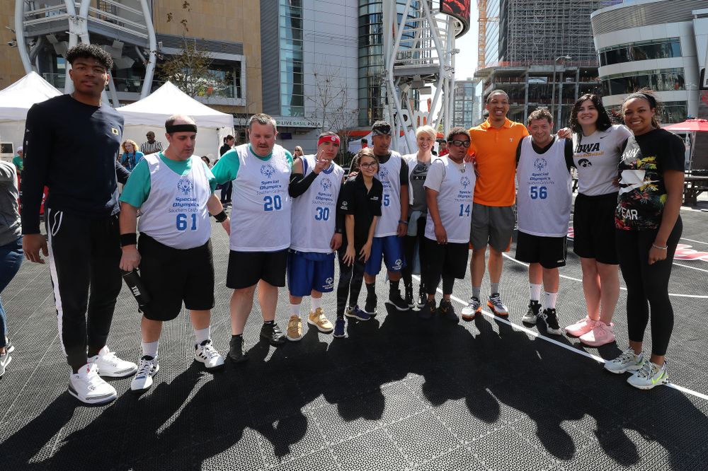 Iowa Hawkeyes forward Megan Gustafson (10) during a Special Olympics event Friday, April 12, 2019 as part of the ESPN College Basketball Awards in the XBOX Plaza at LA Live. (Brian Ray/hawkeyesports.com)