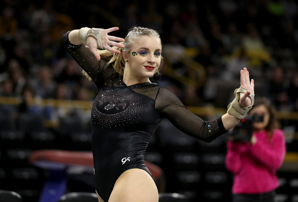 Iowa’s Lauren Guerin competes on the floor against Michigan Friday, February 14, 2020 at Carver-Hawkeye Arena. (Brian Ray/hawkeyesports.com)