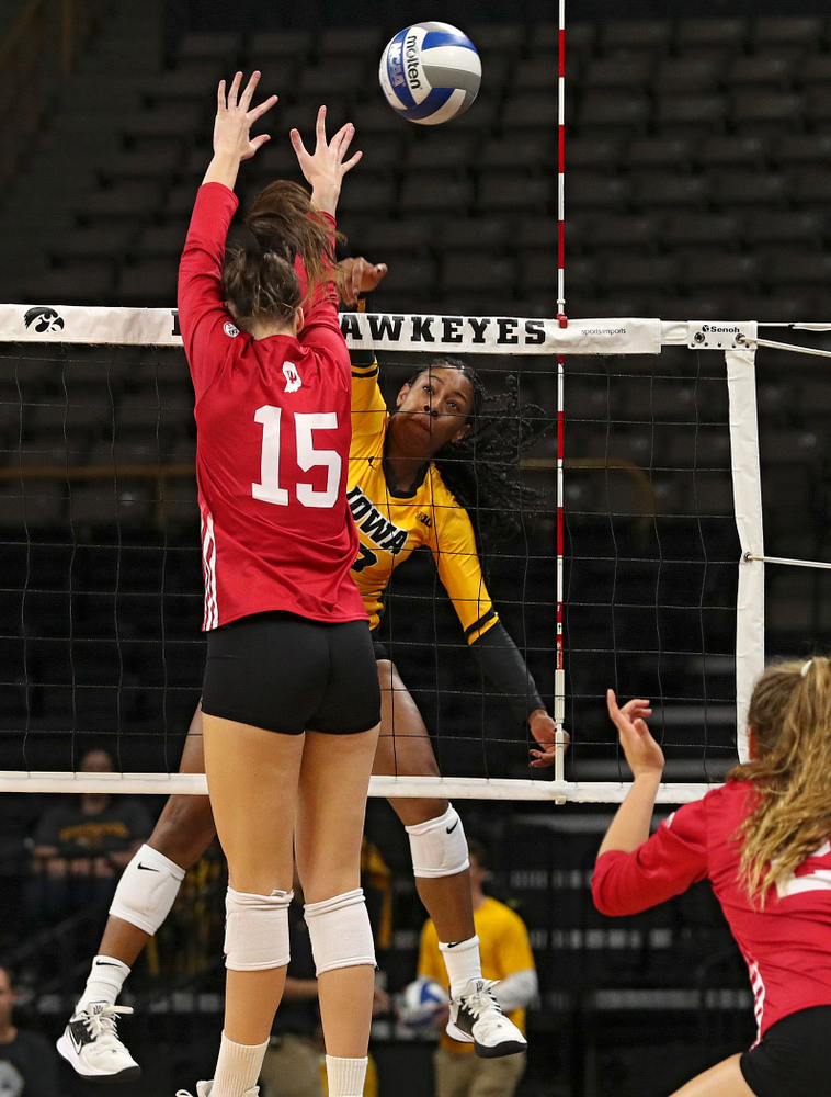 Iowa’s Griere Hughes (10) lines up a shot during their match at Carver-Hawkeye Arena in Iowa City on Sunday, Oct 20, 2019. (Stephen Mally/hawkeyesports.com)