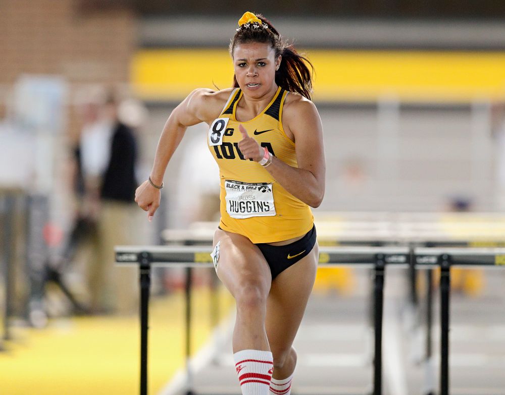 Iowa’s Dallyssa Huggins runs the women’s 60 meter hurdles event at the Black and Gold Invite at the Recreation Building in Iowa City on Saturday, February 1, 2020. (Stephen Mally/hawkeyesports.com)