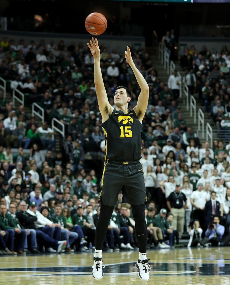 Iowa Hawkeyes forward Ryan Kriener (15) against Michigan State Tuesday, February 25, 2020 at the Breslin Center in East Lansing, MI. (Brian Ray/hawkeyesports.com)