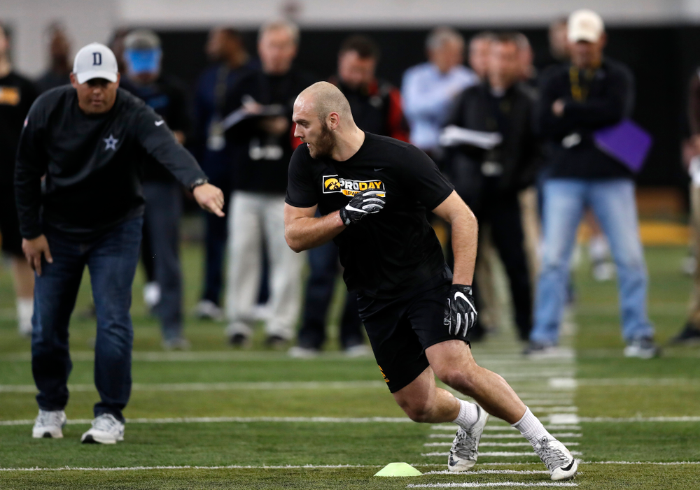Iowa Hawkeyes linebacker Bo Bower (41) during the team's annual pro day Monday, March 26, 2018 at the Hansen Football Performance Center. (Brian Ray/hawkeyesports.com)