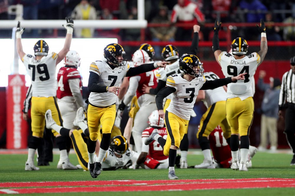 Iowa Hawkeyes place kicker Keith Duncan (3) celebrates after kicking the game winning field goal against the Nebraska Cornhuskers Friday, November 29, 2019 at Memorial Stadium in Lincoln, Neb. (Brian Ray/hawkeyesports.com)