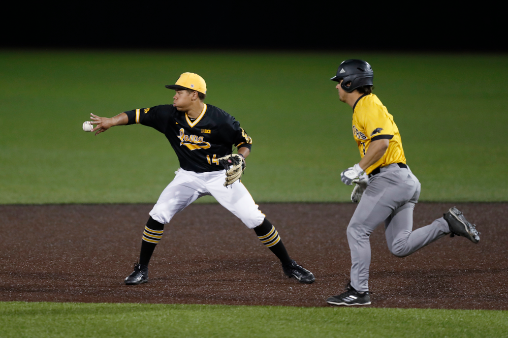 Iowa Hawkeyes second baseman Zion Pettigrew (14) against Milwaukee Wednesday, April 25, 2018 at Duane Banks Field. (Brian Ray/hawkeyesports.com)