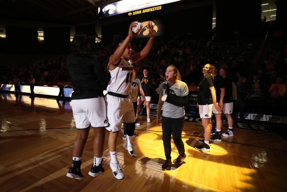 Iowa Hawkeyes guard Tania Davis (11) and guard Zion Sanders (24) against Oral Roberts University Friday, November 9, 2018 at Carver-Hawkeye Arena. (Brian Ray/hawkeyesports.com)