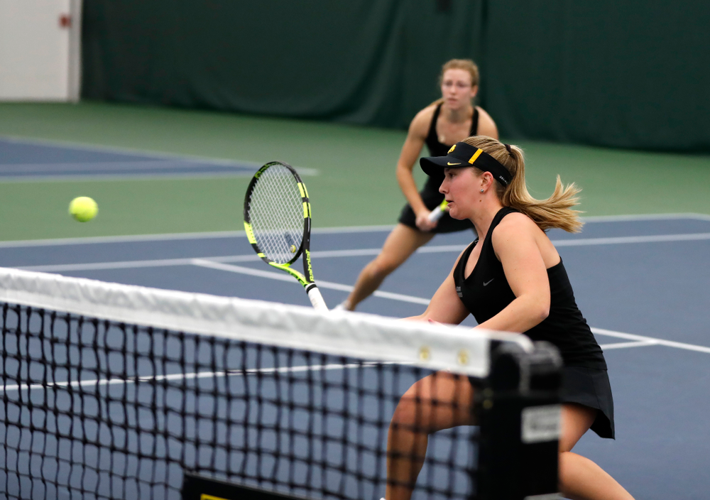 Danielle Burich and Montana Crawford play a doubles match against Ohio State Sunday, March 25, 2018 at the Hawkeye Tennis and Recreation Center. (Brian Ray/hawkeyesports.com)