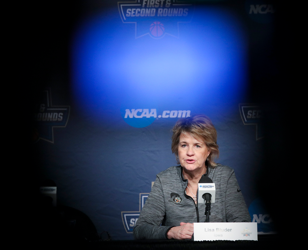 Iowa Hawkeyes head coach Lisa Bluder answers a question during media availability before their next game in the 2019 NCAA Women's Basketball Tournament at Carver Hawkeye Arena in Iowa City on Saturday, Mar. 23, 2019. (Stephen Mally for hawkeyesports.com)