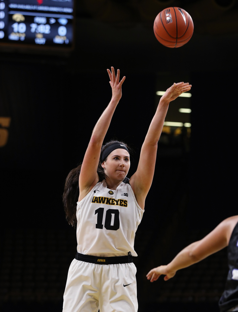 Iowa Hawkeyes forward Megan Gustafson (10) against Dakota Wesleyan University Tuesday, November 6, 2018 at Carver-Hawkeye Arena. (Brian Ray/hawkeyesports.com)