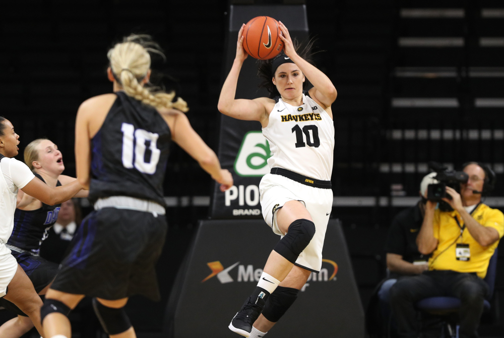 Iowa Hawkeyes forward Megan Gustafson (10) against Dakota Wesleyan University Tuesday, November 6, 2018 at Carver-Hawkeye Arena. (Brian Ray/hawkeyesports.com)
