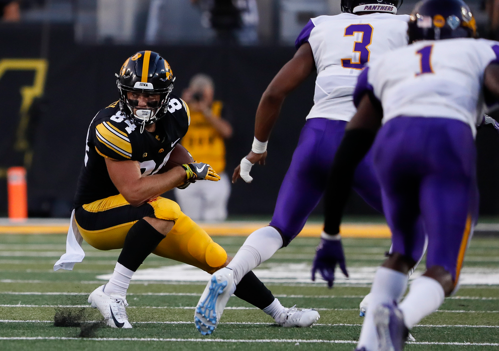 Iowa Hawkeyes wide receiver Nick Easley (84) runs the ball during a game against Northern Iowa at Kinnick Stadium on September 15, 2018. (Tork Mason/hawkeyesports.com)