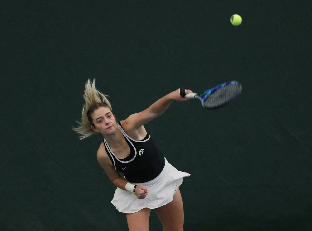 Iowa's Sophie Clark during a doubles match against North Texas Sunday, January 20, 2019 at the Hawkeye Tennis and Recreation Center. (Brian Ray/hawkeyesports.com)