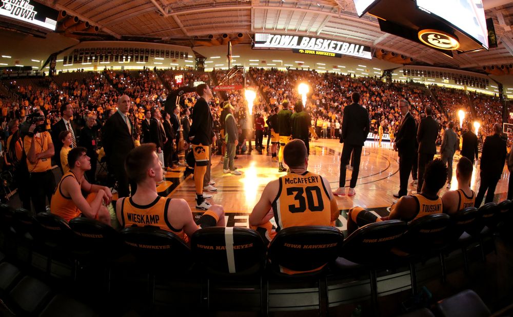 Iowa Hawkeyes forward Luka Garza (55), guard Joe Wieskamp (10), guard Connor McCaffery (30), guard Joe Toussaint (1), and guard CJ Fredrick (5) against the Rutgers Scarlet Knights Wednesday, January 22, 2020 at Carver-Hawkeye Arena. (Brian Ray/hawkeyesports.com)