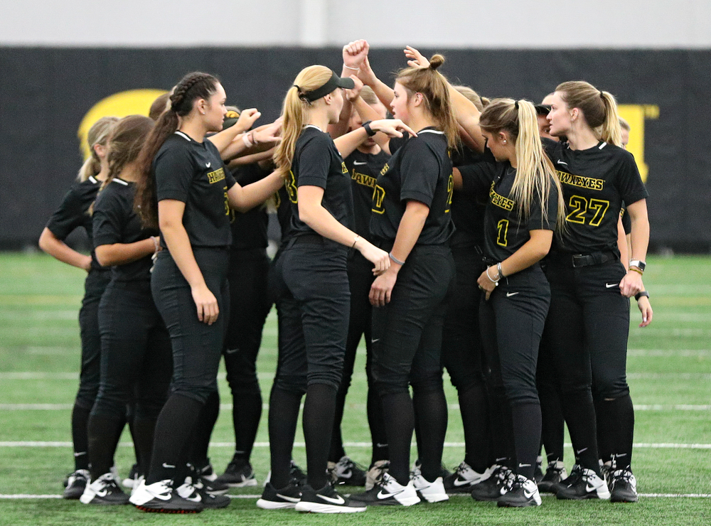 The Hawkeyes huddle before practice during Iowa Softball Media Day at the Hawkeye Tennis and Recreation Complex in Iowa City on Thursday, January 30, 2020. (Stephen Mally/hawkeyesports.com)