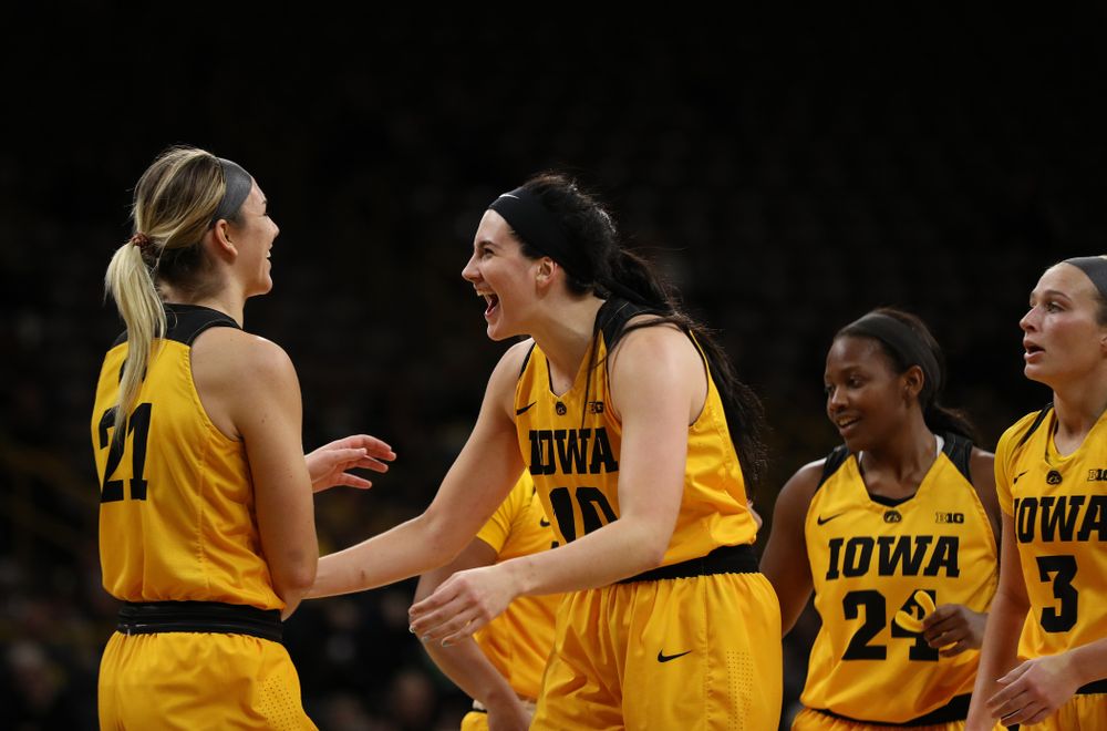 Iowa Hawkeyes forward Megan Gustafson (10) and forward Hannah Stewart (21) against the Robert Morris Colonials Sunday, December 2, 2018 at Carver-Hawkeye Arena. (Brian Ray/hawkeyesports.com)