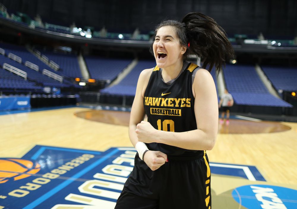 Iowa Hawkeyes forward Megan Gustafson (10) during practice and media before the regional final of the 2019 NCAA Women's College Basketball Tournament against the Baylor Bears Sunday, March 31, 2019 at Greensboro Coliseum in Greensboro, NC.(Brian Ray/hawkeyesports.com)