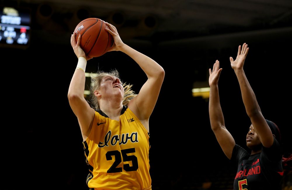 Iowa Hawkeyes forward/center Monika Czinano (25) against the Maryland Terrapins Thursday, January 9, 2020 at Carver-Hawkeye Arena. (Brian Ray/hawkeyesports.com)