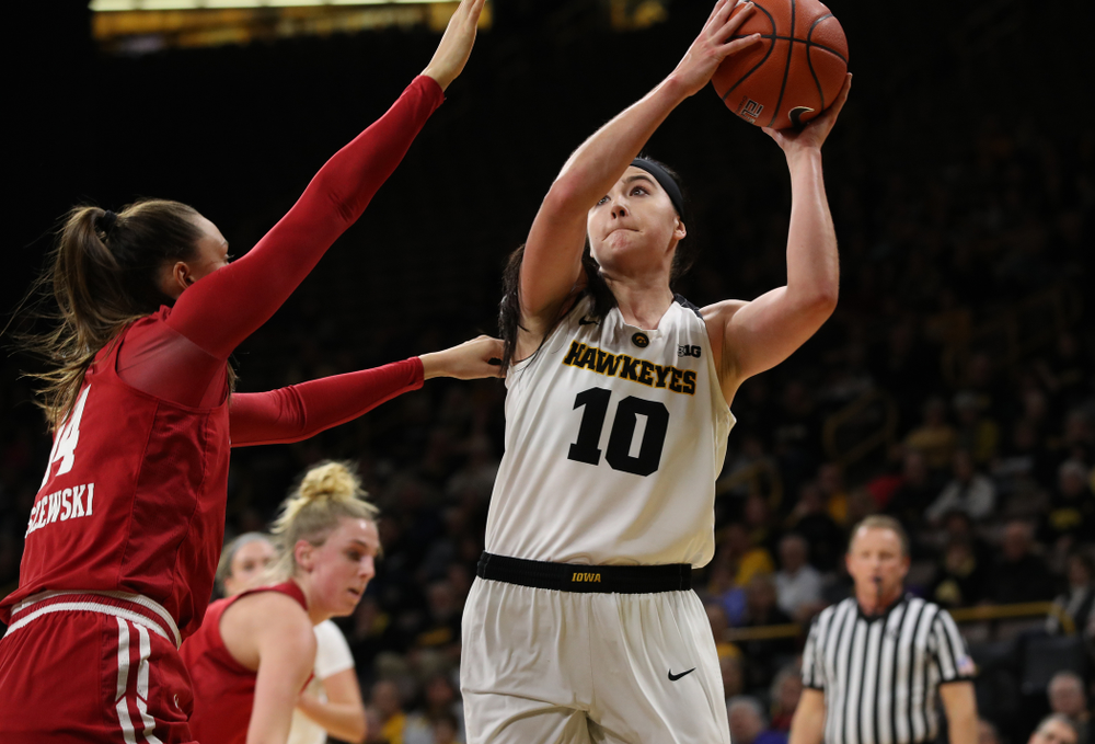 Iowa Hawkeyes forward Megan Gustafson (10) against the Wisconsin Badgers Monday, January 7, 2019 at Carver-Hawkeye Arena. (Brian Ray/hawkeyesports.com)