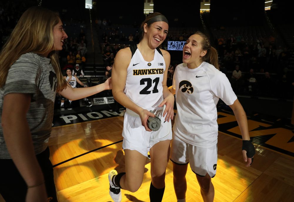 Iowa Hawkeyes forward Hannah Stewart (21) and guard Kathleen Doyle (22) against the IUPUI Jaguars Saturday, December 8, 2018 at Carver-Hawkeye Arena. (Brian Ray/hawkeyesports.com)