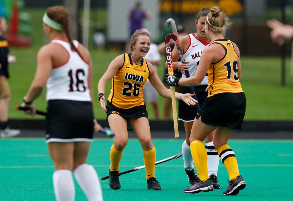 Iowa Hawkeyes Maddy Murphy (26) and Ryley Miller (19) against Ball State Sunday, September 2, 2018 at Grant Field. (Brian Ray/hawkeyesports.com)
