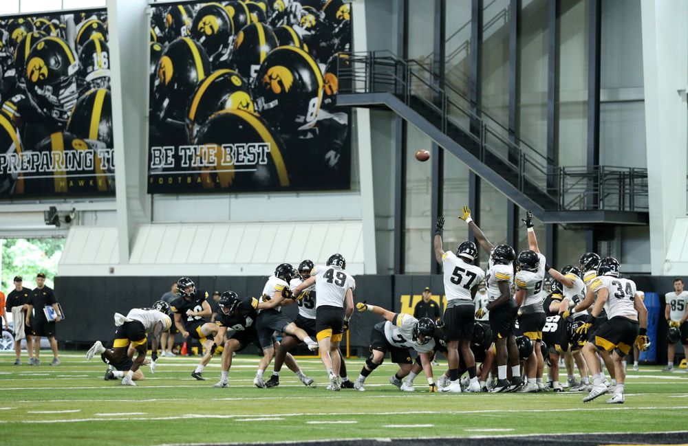 Iowa Hawkeyes place kicker Caleb Shudak (10) during Fall Camp Practice No. 16 Tuesday, August 20, 2019 at the Ronald D. and Margaret L. Kenyon Football Practice Facility. (Brian Ray/hawkeyesports.com)