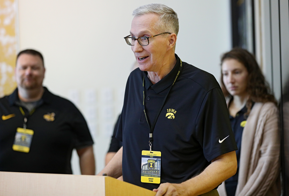 Andy Piro, assistant athletics director and executive director of the Varsity Club, speaks as the 2019 University of Iowa Athletics Hall of Fame exhibit is unveiled at the University of Iowa Athletics Hall of Fame in Iowa City on Friday, Aug 30, 2019. (Stephen Mally/hawkeyesports.com)