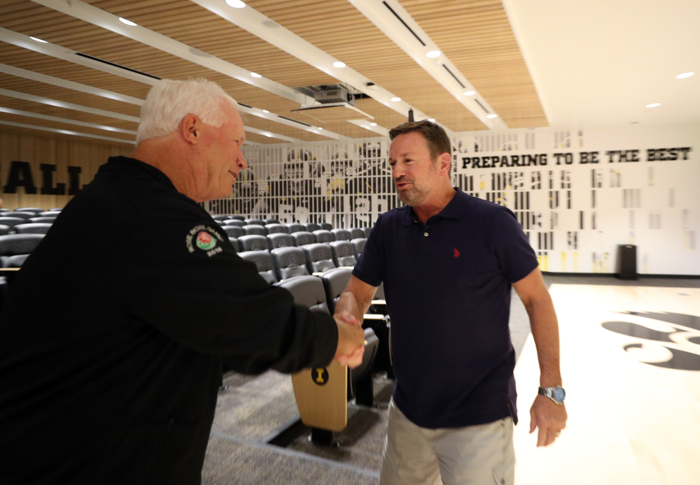 Former University of Iowa defensive back and Oklahoma Head Coach Bob Stoops addresses the Hawkeye Football team as the honorary captain for their game against Miami, Ohio Friday, August 30, 2019 at the Hansen Football Performance Center. (Brian Ray/hawkeyesports.com)