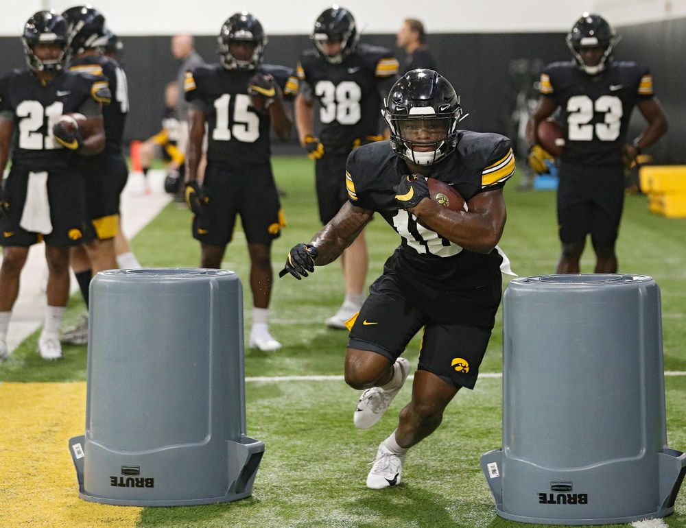 Iowa Hawkeyes running back Mekhi Sargent (10) runs a drill during Fall Camp Practice No. 9 at the Hansen Football Performance Center in Iowa City on Monday, Aug 12, 2019. (Stephen Mally/hawkeyesports.com)