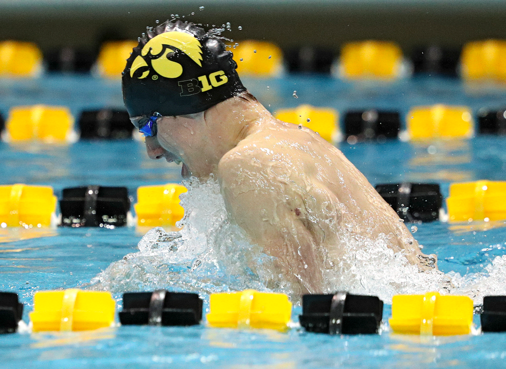 Iowa’s Dolan Craine swims the breaststroke section of the 100-yard individual medley event during their meet against Michigan State at the Campus Recreation and Wellness Center in Iowa City on Thursday, Oct 3, 2019. (Stephen Mally/hawkeyesports.com)