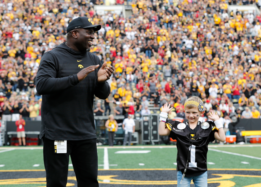 Kid Captain Harper Stribe before the Iowa Hawkeyes game against against the Iowa State Cyclones Saturday, September 8, 2018 at Kinnick Stadium. (Brian Ray/hawkeyesports.com)