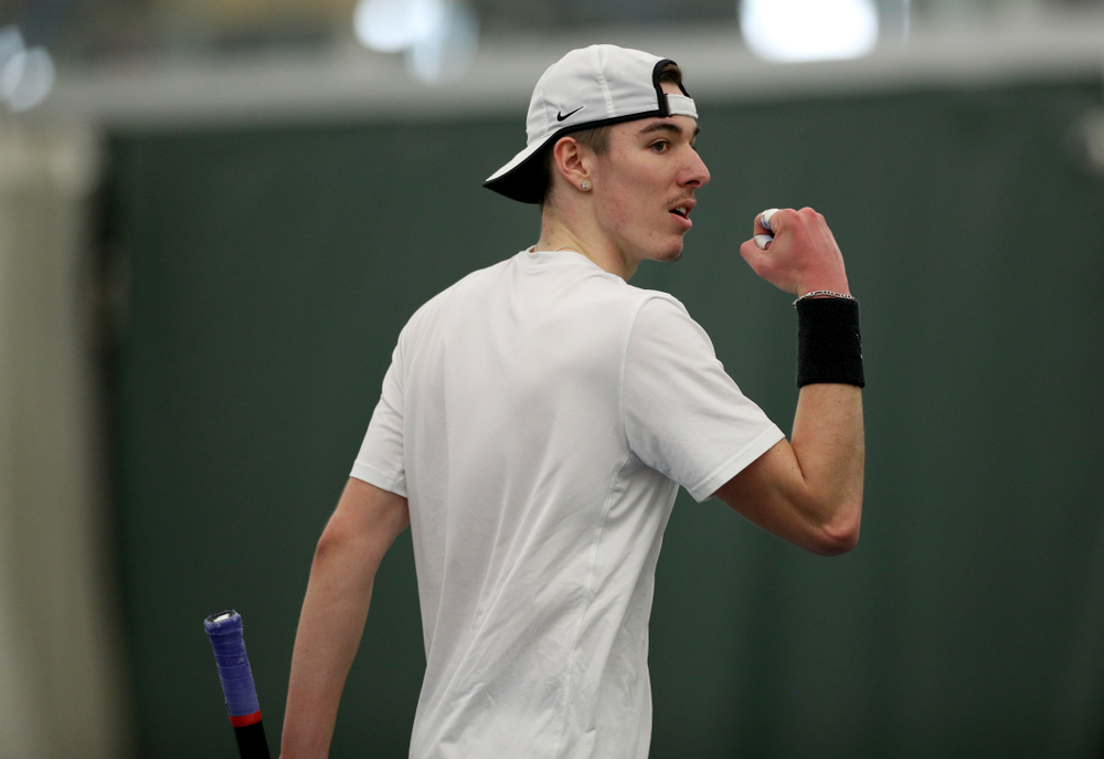 Iowa’s Nikita Snezhko against Cornell Sunday, March 8, 2020 at the Hawkeye Tennis and Recreation Center. (Brian Ray/hawkeyesports.com)