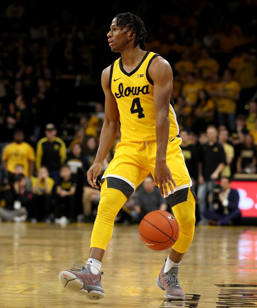 Iowa Hawkeyes guard Bakari Evelyn (4) against the Nebraska Cornhuskers Saturday, February 8, 2020 at Carver-Hawkeye Arena. (Brian Ray/hawkeyesports.com)