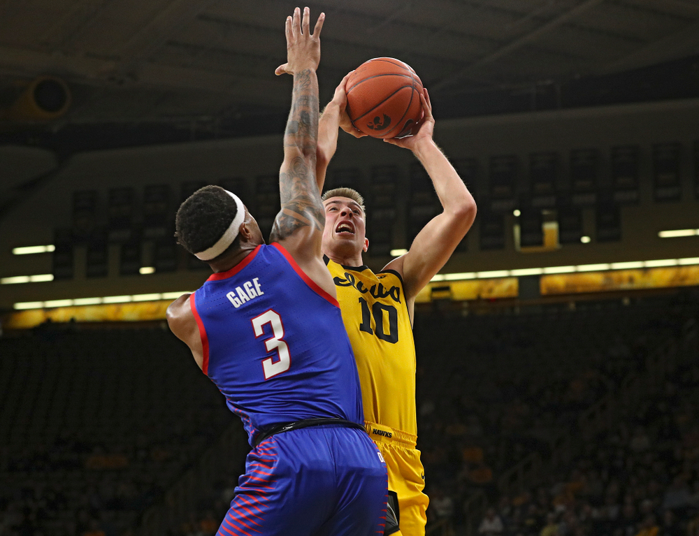 Iowa Hawkeyes guard Joe Wieskamp (10) puts up a shot during the first half of their game at Carver-Hawkeye Arena in Iowa City on Monday, Nov 11, 2019. (Stephen Mally/hawkeyesports.com)