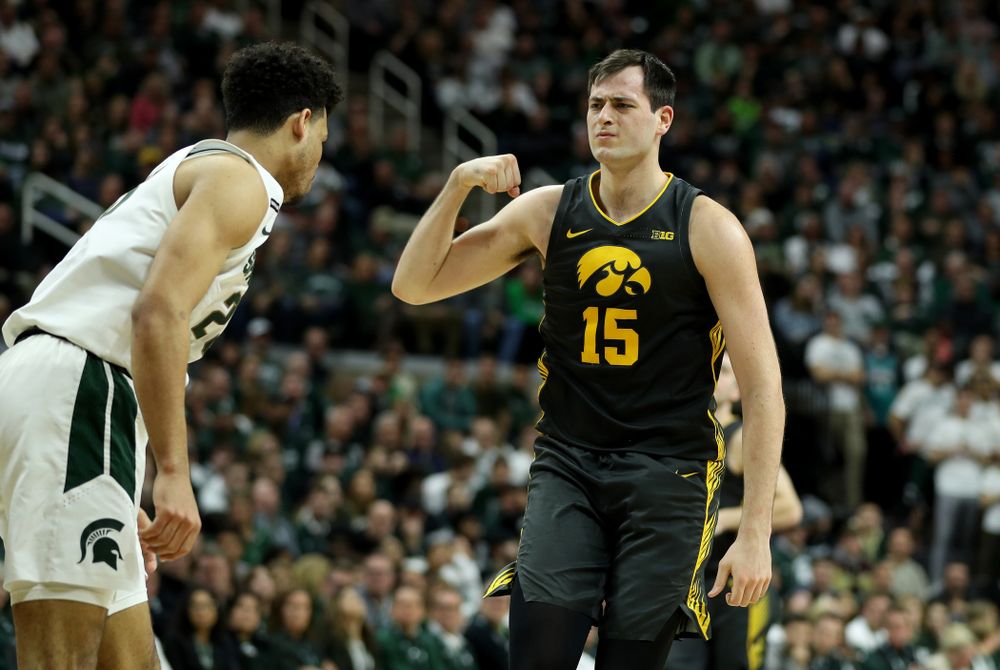 Iowa Hawkeyes forward Ryan Kriener (15) against Michigan State Tuesday, February 25, 2020 at the Breslin Center in East Lansing, MI. (Brian Ray/hawkeyesports.com)