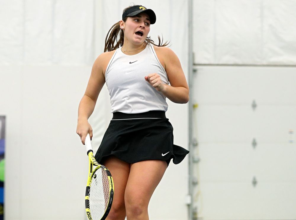 Iowa’s Danielle Bauers celebrates a point during her doubles match at the Hawkeye Tennis and Recreation Complex in Iowa City on Sunday, February 16, 2020. (Stephen Mally/hawkeyesports.com)