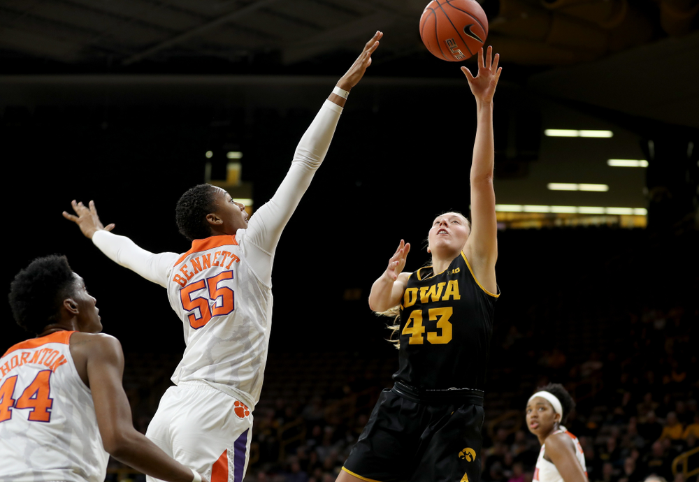 Iowa Hawkeyes forward Amanda Ollinger (43) against Clemson Wednesday, December 4, 2019 at Carver-Hawkeye Arena. (Brian Ray/hawkeyesports.com)