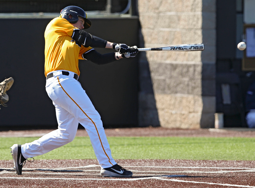 Iowa Hawkeyes first baseman Zeb Adreon (5) hits a double during the fourth inning against Illinois at Duane Banks Field in Iowa City on Sunday, Mar. 31, 2019. (Stephen Mally/hawkeyesports.com)