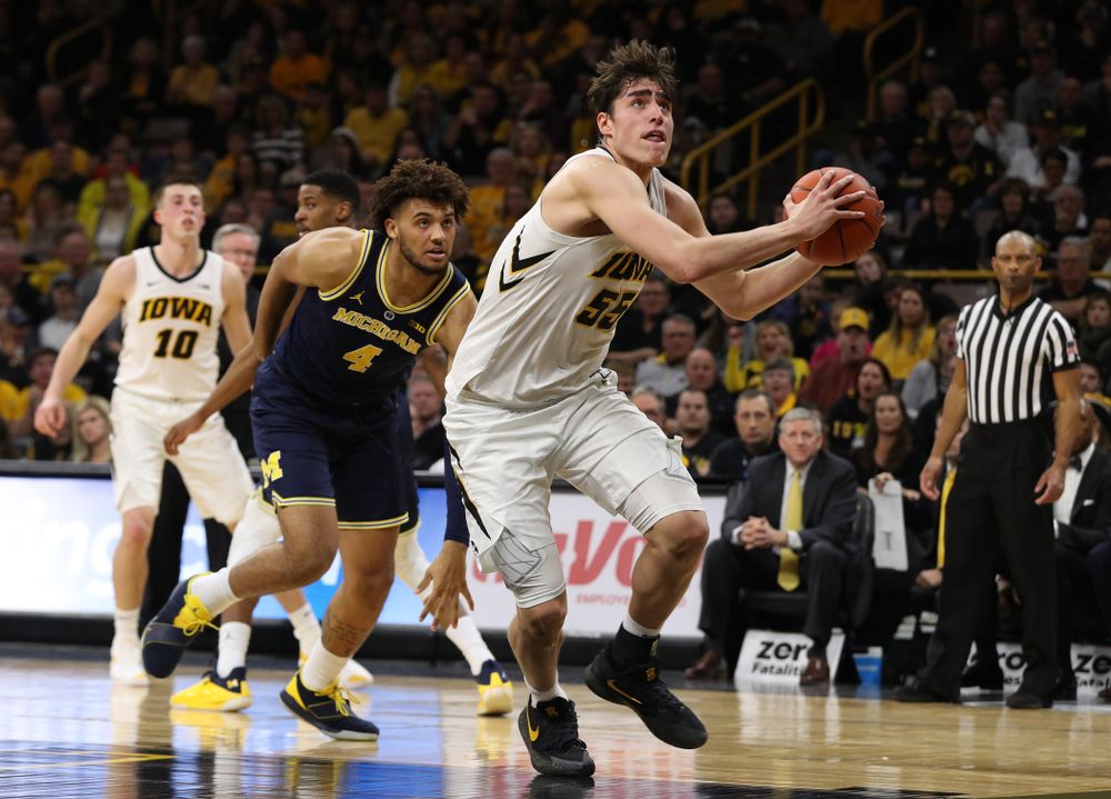 Iowa Hawkeyes forward Luka Garza (55) against the Michigan Wolverines Friday, February 1, 2019 at Carver-Hawkeye Arena. (Brian Ray/hawkeyesports.com)