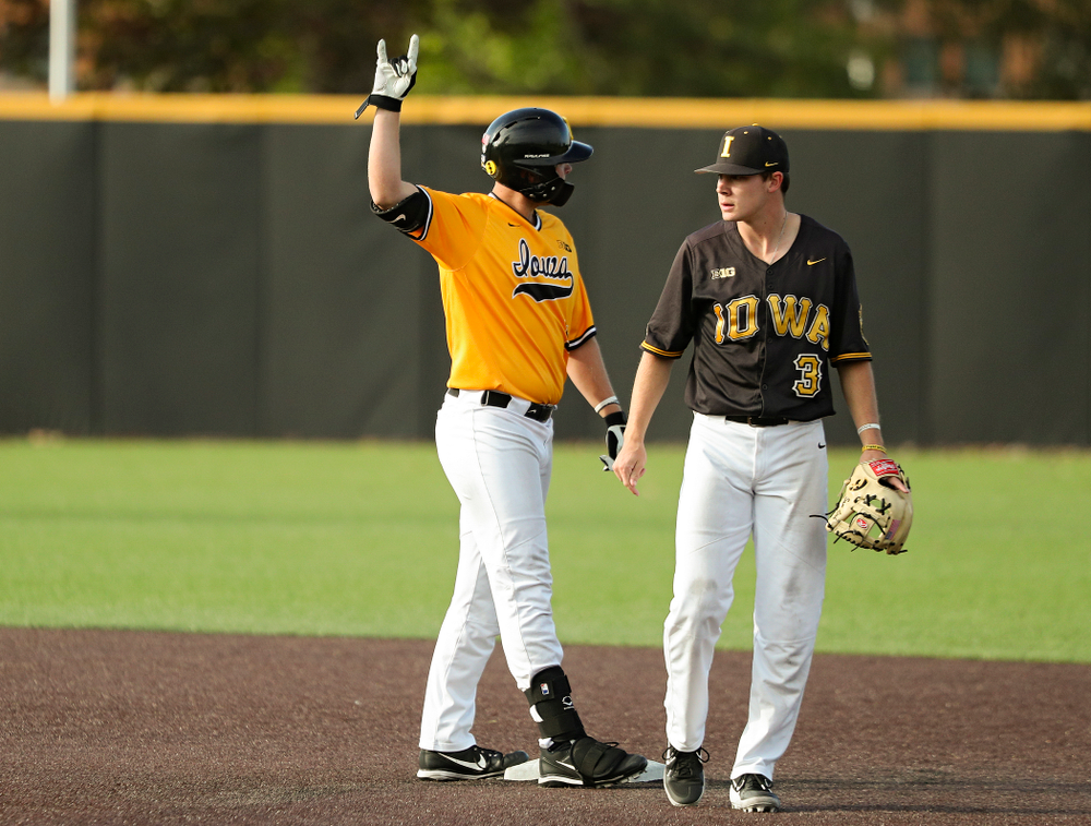 Iowa’s Zeb Adreon (5) celebrates after hitting a 2-run double during the third inning of the first game of the Black and Gold Fall World Series at Duane Banks Field in Iowa City on Tuesday, Oct 15, 2019. (Stephen Mally/hawkeyesports.com)