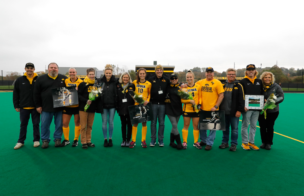 Iowa Hawkeyes seniors Riley Kniptash (15), Isabella Brown, Makenna Grewe, and Liam Norton during senior day before their game against Maryland Sunday, October 14, 2018 at Grant Field. (Brian Ray/hawkeyesports.com)