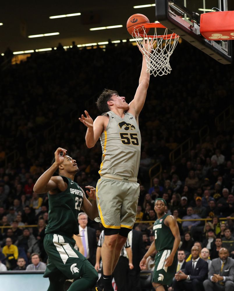 Iowa Hawkeyes forward Luka Garza (55) against the Michigan State Spartans Thursday, January 24, 2019 at Carver-Hawkeye Arena. (Brian Ray/hawkeyesports.com)