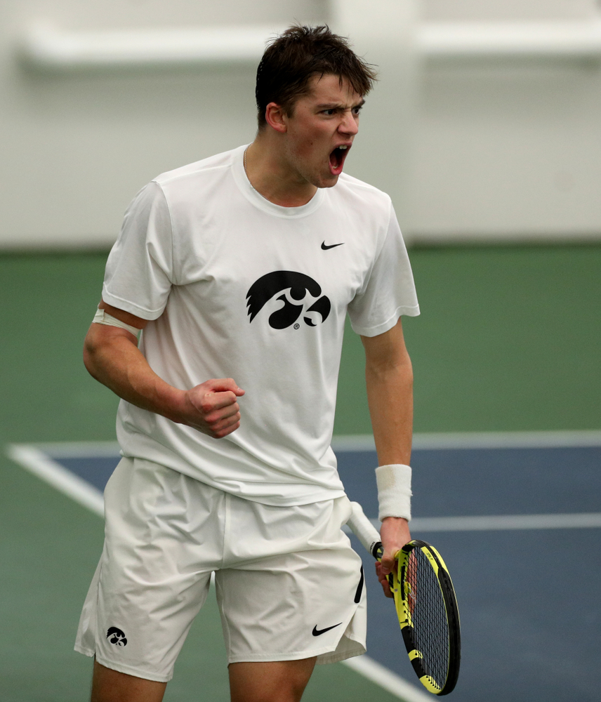 Iowa’s Joe Tyler against Cornell Sunday, March 8, 2020 at the Hawkeye Tennis and Recreation Center. (Brian Ray/hawkeyesports.com)