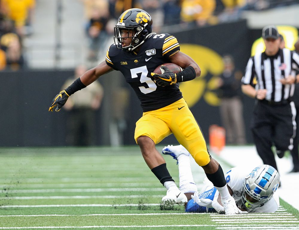 Iowa Hawkeyes wide receiver Tyrone Tracy Jr. (3) runs after pulling in a pass during the first quarter of their game at Kinnick Stadium in Iowa City on Saturday, Sep 28, 2019. (Stephen Mally/hawkeyesports.com)