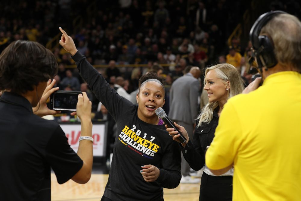 Iowa Women's Basketball guard Tania Davis addresses the crowd during the Iowa Hawkeyes game against the Michigan State Spartans Thursday, January 24, 2019 at Carver-Hawkeye Arena. (Brian Ray/hawkeyesports.com)