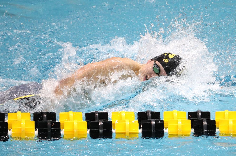 Iowa's Michael Tenney swims the third leg of the 800 freestyle relay at the 2019 Big Ten Swimming and Diving meet Wednesday, February 27, 2019 at the Campus Wellness and Recreation Center. (Brian Ray/hawkeyesports.com)