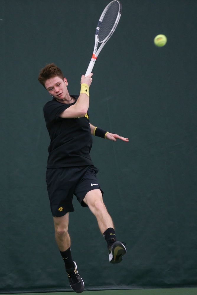 Iowa’s Jason Kerst returns a hit during the Iowa men’s tennis meet vs VCU on Saturday, February 29, 2020 at the Hawkeye Tennis and Recreation Complex. (Lily Smith/hawkeyesports.com)