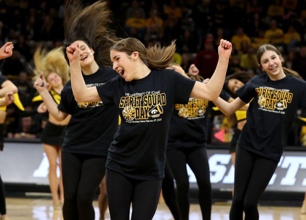 The Iowa Spirit Squad performs with participants in Spirit Squad Day at halftime of the Iowa Hawkeyes game against the Nebraska Cornhuskers Saturday, February 8, 2020 at Carver-Hawkeye Arena. (Brian Ray/hawkeyesports.com)
