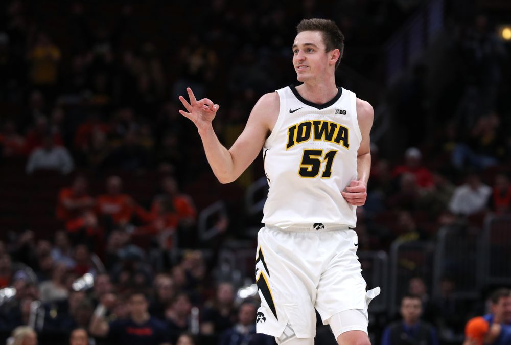 Iowa Hawkeyes forward Nicholas Baer (51) against the Illinois Fighting Illini in the 2019 Big Ten Men's Basketball Tournament Thursday, March 14, 2019 at the United Center in Chicago. (Brian Ray/hawkeyesports.com)