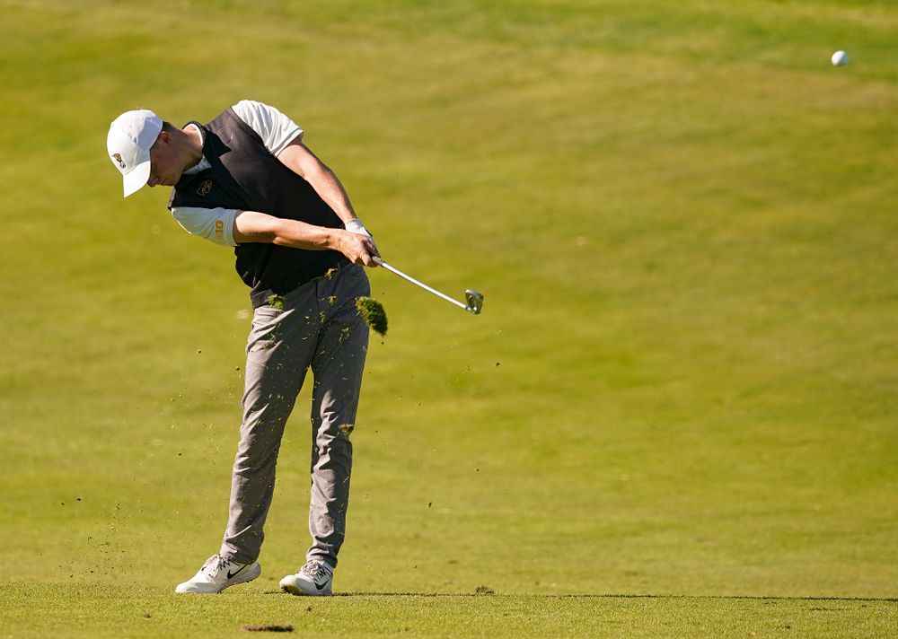 Iowa's Benton Weinberg hits from the fairway during the second round of the Hawkeye Invitational at Finkbine Golf Course in Iowa City on Saturday, Apr. 20, 2019. (Stephen Mally/hawkeyesports.com)