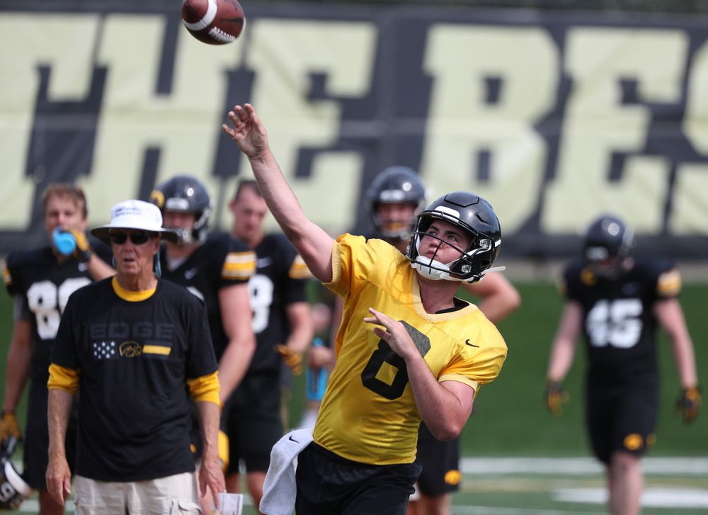Iowa Hawkeyes quarterback Alex Padilla (8) during Fall Camp Practice No. 4 Monday, August 5, 2019 at the Ronald D. and Margaret L. Kenyon Football Practice Facility. (Brian Ray/hawkeyesports.com)