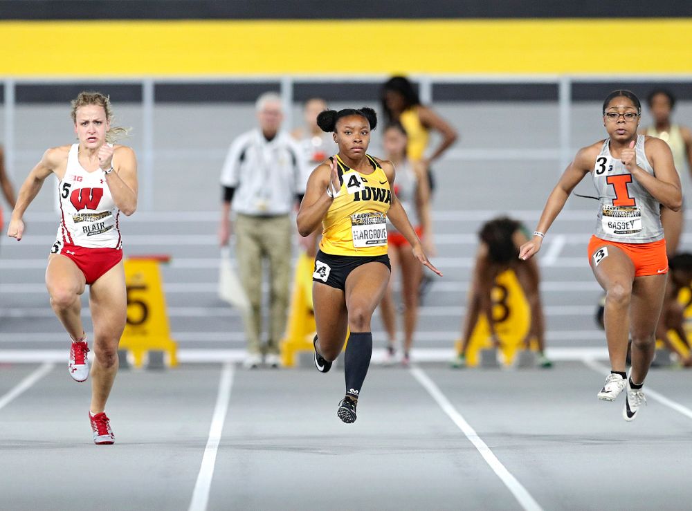 Iowa’s Lasarah Hargrove runs the women’s 60 meter dash premier preliminary event during the Larry Wieczorek Invitational at the Recreation Building in Iowa City on Saturday, January 18, 2020. (Stephen Mally/hawkeyesports.com)